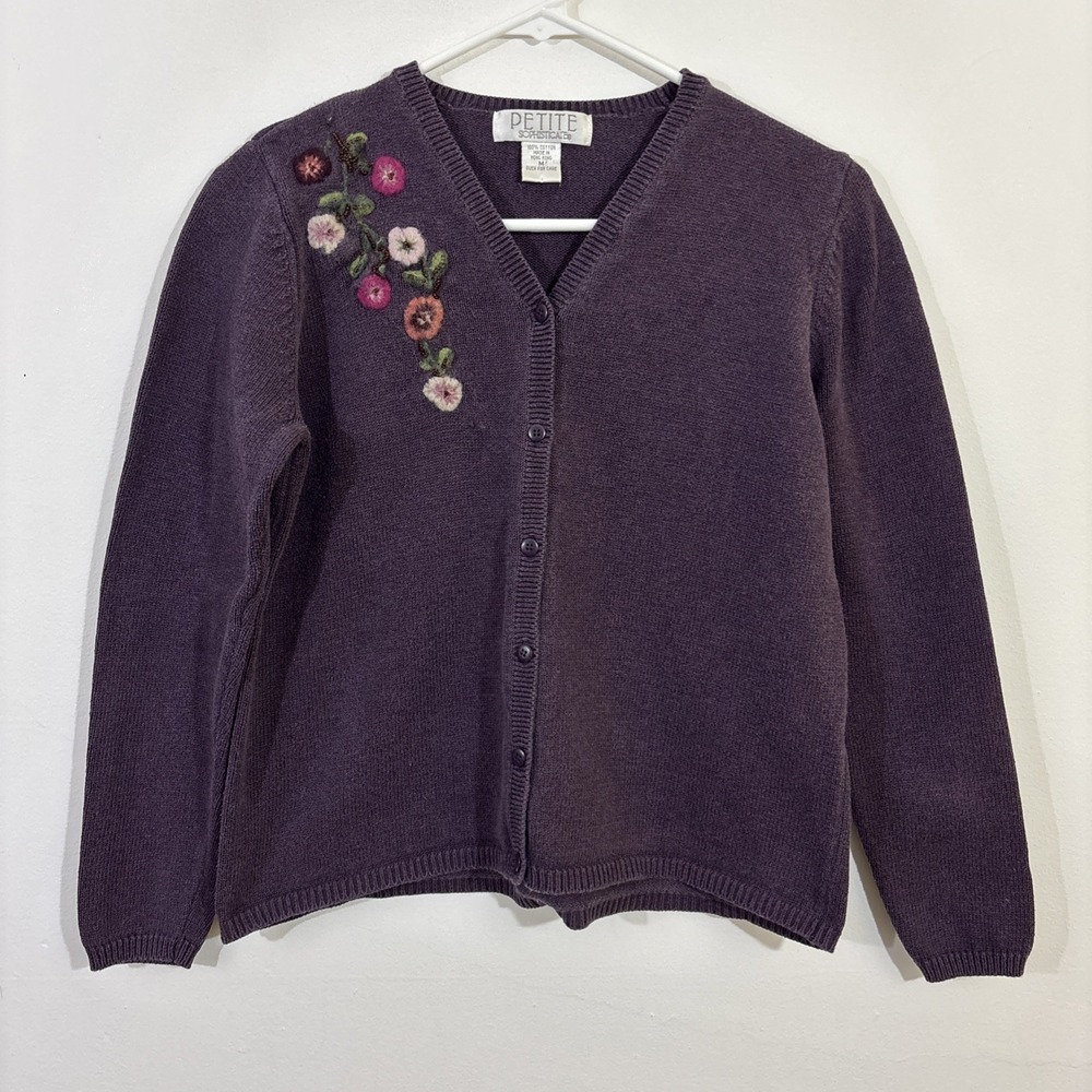 Petite Sophisticate M Floral Purple‎ Cardigan Felted Flowers Cotton Cottagecore